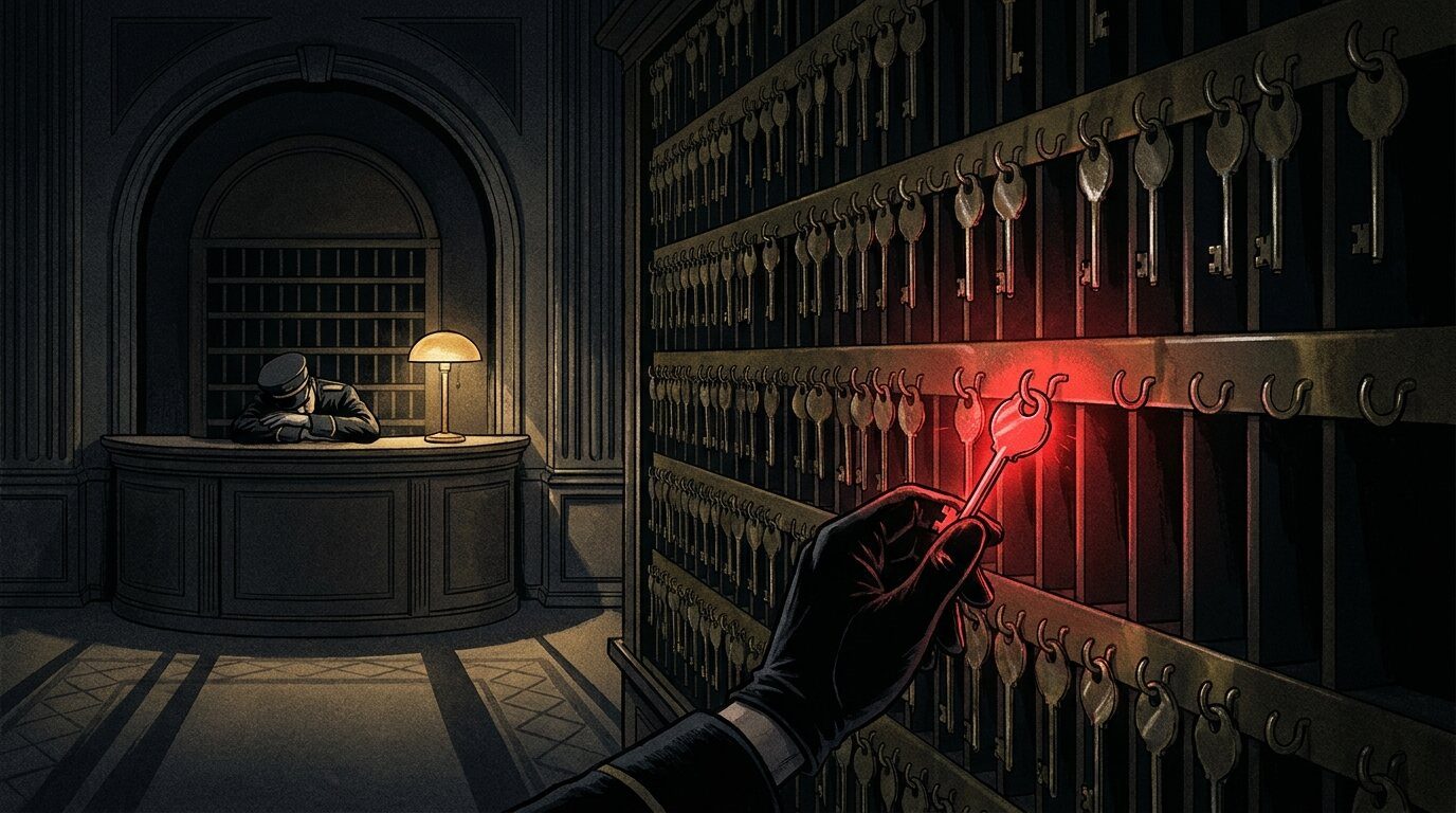 A gloved hand lifts a glowing red key from a wall of hotel keys while the night porter sleeps at the desk